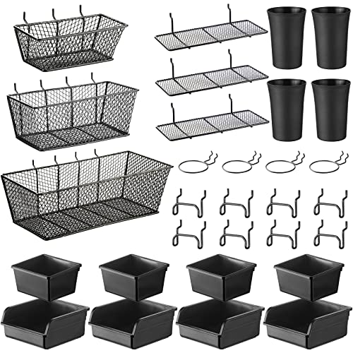 Sieral 30 Pcs Pegboard Organizer Accessories Kit Includes Peg Board Shelving Storage Basket Organizer Bins Hooks Loops Cup with Cup Holder for Garage Room Wall Attachments Tools(Black) - color: Black
