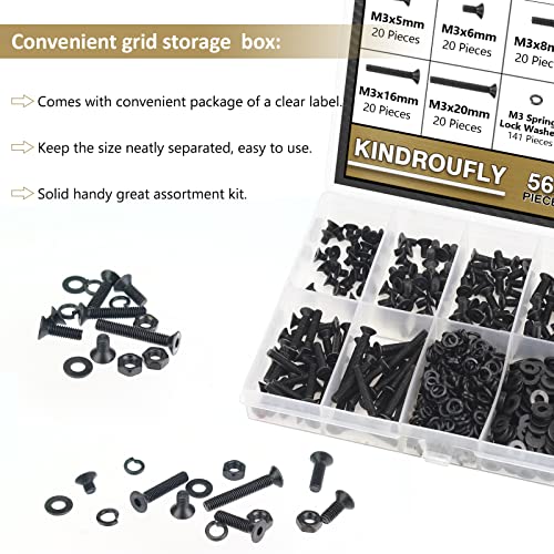562 Pieces Black M3 x 5/6 /8/10 /12/16 /20mm Countersunk Head Socket Cap Screws Nuts Washers Assortment Kit, 10.9 Grade Alloy Steel - size: M3, style: Countersunk Head