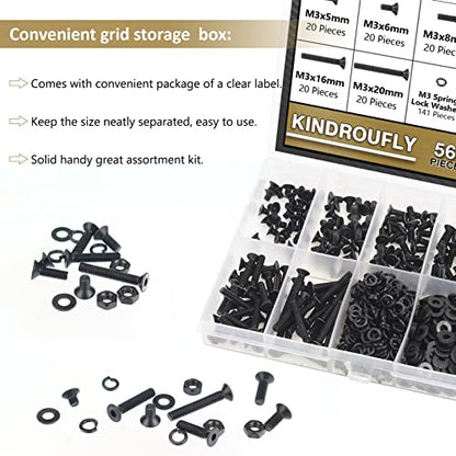 562 Pieces Black M3 x 5/6 /8/10 /12/16 /20mm Countersunk Head Socket Cap Screws Nuts Washers Assortment Kit, 10.9 Grade Alloy Steel - size: M3, style: Countersunk Head