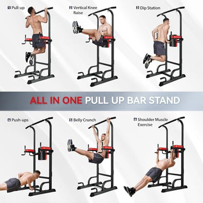 Pooboo Power Tower Dip Station Pull Up Bar for Fitness Home Gym Workout,450 Pounds Multi-Function Adjustable Height Fitness Strength Training Exercise Equipment,with Power Elastic Ropes - color: Black Red-03