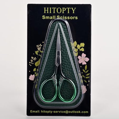 Small Sharp Scissors for Women Men Eyebrow Hair Beauty Grooming | All Purpose Tiny Travel Kit, for Beard, Moustache, Eyelash, Sewing, Embroidery, Detail Thread Paper Cutting with PU Cover - color: Dark Green
