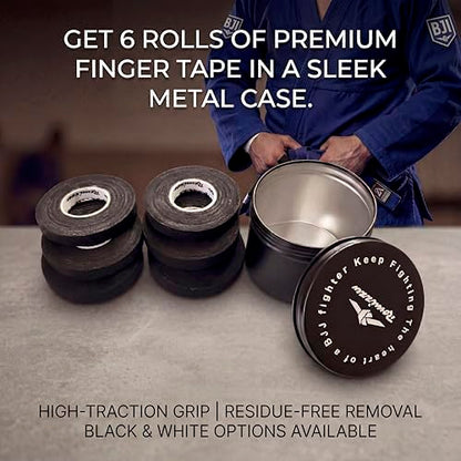 BJJ Finger Tape with Metal Storage Tin - 6 Rolls (26ft) Grappling Tape, MMA | Breathable cotton, residue-free tape offers strong finger support. Great for wrestling, rock climbing, Jiu Jitsu. 0.3in wide - color: Black