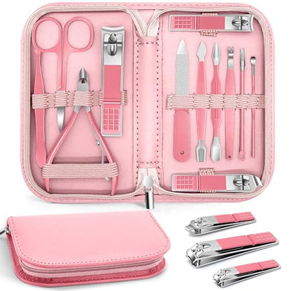 BLESWIN Manicure Pedicure Set, 12 Pcs Nail Care Kit for Women, Mens Nail Grooming Kit, Manicure & Pedicure Tools & Accessories, Pink Nail Kit Manicure Set Luxury Leather Case for Home Salon Use - color: 1-Pink