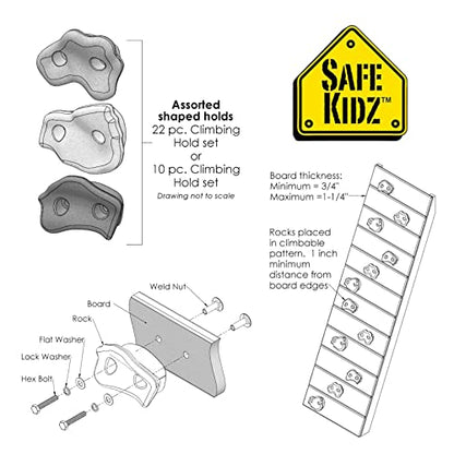 22 Assorted Deluxe Rock Climbing Holds for Kids - Outdoor Climbing Stones Kit with 44 Swing Safe Fasteners + Drill Bit Easy to Install on Lumber from 3/4" to 1.25" Thick - style: 22 Rocks