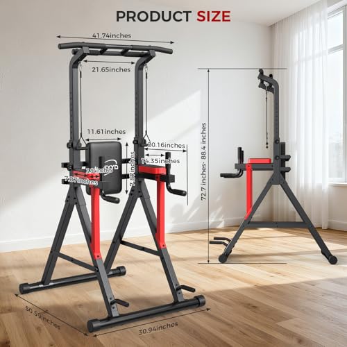 Power Tower Pull Up Bar Free Standing,Multi-Level Adjustable Height Dip Station, Multi-Grip Handles,Backrest,Home Gym Strength Training Equipment with Power Elastic Ropes,Capacity 400LBS