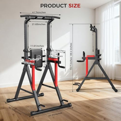 Power Tower Pull Up Bar Free Standing,Multi-Level Adjustable Height Dip Station, Multi-Grip Handles,Backrest,Home Gym Strength Training Equipment with Power Elastic Ropes,Capacity 400LBS