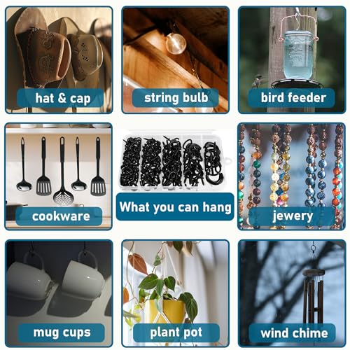 200 Pcs Screw Hooks kit, 6 Sizes Vinyl Coated Ceilling Wall Cup Hook | for Hanging Plant, Mug, Coffee Cups, String Light Decors, Indoor & Outdoor, Black (1/2in, 5/8in,3/4in,7/8in,1in,1-1/4in)