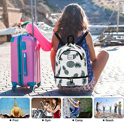 Dry Wet Drawstring Backpack with Shoe Compartment for Women Adjustable Gym Bag - color: Pineapple Green