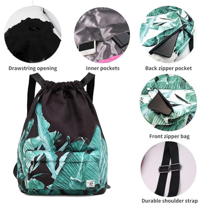 Waterproof Drawstring Bag, Gym Bag Sackpack Sports Beach Backpack for Men Women - color: 05-black Banana Leaves