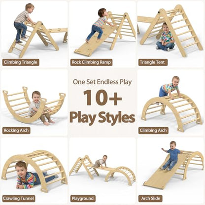 Large Pikler Triangle Set, 7-in-1 Toddler Climbing Toys Indoor, Wooden Montessori Climbing Set with Arch Ramp Ladder, Foldable Baby Jungle Gym Playground (Wood Natural) - color: Nature Wood