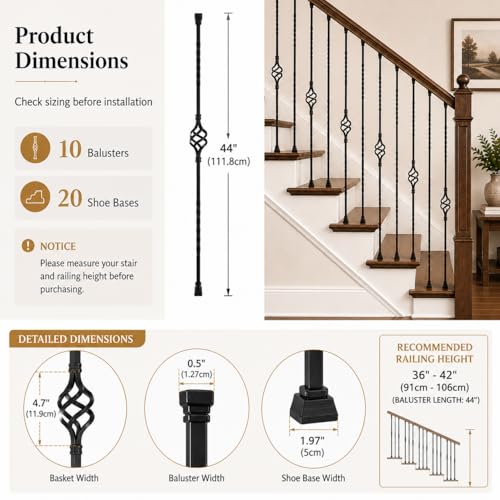 10 Pack 44 Inch Double Twist Iron Balusters with Swivel Shoes | Hollow 1/2 inch wrought iron balusters with double twist baskets and swivel shoes for angled or flat indoor stairs.