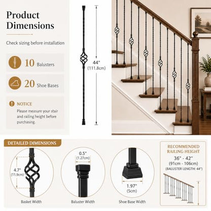 10 Pack 44 Inch Double Twist Iron Balusters with Swivel Shoes | Hollow 1/2 inch wrought iron balusters with double twist baskets and swivel shoes for angled or flat indoor stairs.
