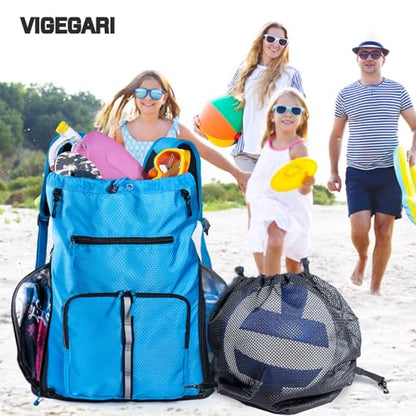 Large Beach Backpack Waterproof Sandproof - Customized Oversized Drawstring Pool Bag with Shoe Compartment for Toiletries, Towels, Gym, Travel - color: Blue, size: Large
