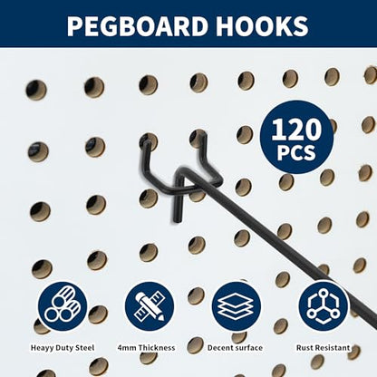 120 Pcs 8 Inch Pegboard Hooks, Black, Metal | Heavy Duty, 1/8" and 1/4" Peg Hook, For 1" Spaced Pegboards, Peg Wall Hooks for Hanging
