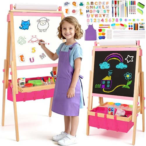 Wooden Easel for Kids, All-in-ONE Adjustable Easel with Art Supplies, Magnetic Double Sided Whiteboard & Chalkboard, Ideal Christmas, Birthday Gift for Boys & Girls Age 3, 4, 5, 6, 7, 8+ Years Old