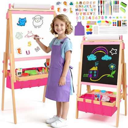 Wooden Easel for Kids, All-in-ONE Adjustable Easel with Art Supplies, Magnetic Double Sided Whiteboard & Chalkboard, Ideal Christmas, Birthday Gift for Boys & Girls Age 3, 4, 5, 6, 7, 8+ Years Old