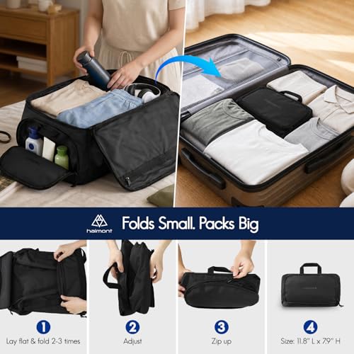 Haimont 60L Foldable Travel Duffel Backpack, Black | Shoe Compartment, Stowable Straps, U-Shaped Opening, Water-Resistant Build - color: Black