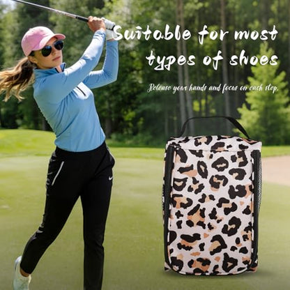 Golf Shoe Bag, Outdoor Zipper Sports Shoe Strap Bag with Air Mesh Ventilation, Durable Waterproof Golf Shoe Carry Bags with Sturdy Handle for Gym, Soccer, Running & Suitcase Packing (Leopard Print) - color: Brown Leopard