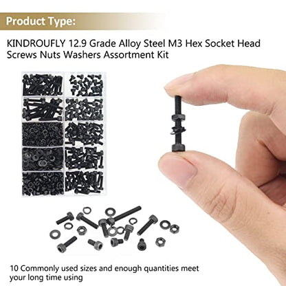 562 Pieces Black M3 x 4/6 /8/10 /12/16 /20mm Hex Socket Head Cap Screws Nuts Washers Assortment Kit, 12.9 Grade Alloy Steel - size: M3, style: Socket Head