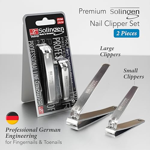 Solingen Toenail Clippers for Thick Nails, 2-Pack Stainless Steel Nail Clippers Made in Germany, Straight Edge Fingernail & Toenail Cutters for Men, Women & Seniors