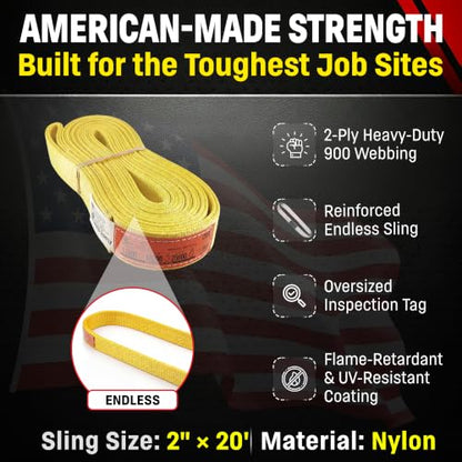 DD Sling 2" x 20' Nylon Endless Lifting Sling – USA Made | 12,800 lb Vertical, 10,200 lb Choker, 25,600 lb Basket – 2 Ply Heavy Duty 900 Webbing, Type 5 Endless Rigging Sling - size: 2"x20'