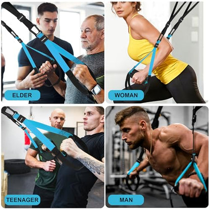 Home Resistance Training Kit | Full-Body Workout with Suspension Trainer Straps, Door Anchor, Handles, and Carrying Bag | Complete Home Gym Equipment - color: Blue