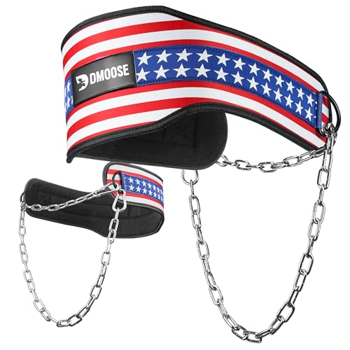 DMoose Fitness Dip Belt for Weight Lifting, Pullup, Squats & Dips - 36" Robust Steel Chain, Comfortable Neoprene Padding Supports 350lbs - Gym Weight Belt for Strength Training Workout & Weightlifting - color: American