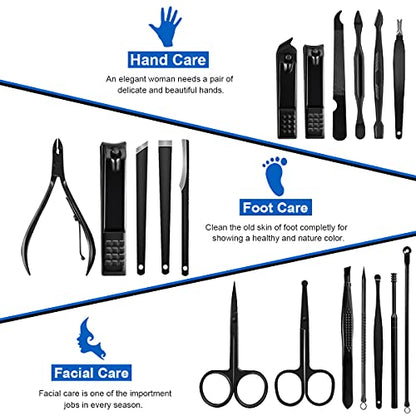 Professional Stainless Steel Nail Clipper Travel & Grooming Kit Nail Tools Manicure & Pedicure Set of 18pcs with Luxurious Case (Black/Blue) - color: Black/Blue