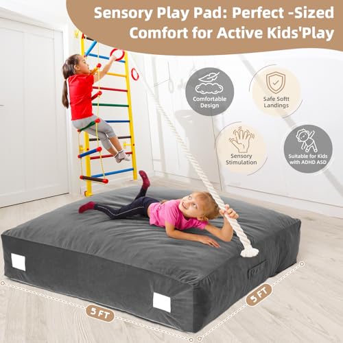 whiffee Upgraded Crash Pad for Kids Sensory with Handle,Soft Foam Blocks - Crash Pads for Autistic Children Indoor Jump Climb, Kids Autism Sensory Crash Mat with Anti-Slip Washable Cover - size: 5FT x 5FT