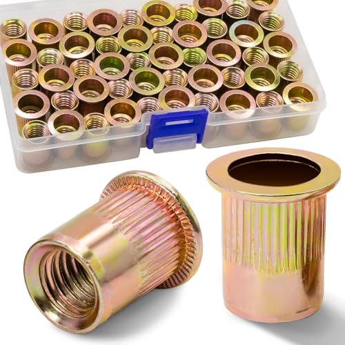 3/8''-16 UNC Rivet Nut, 50Pcs Zinc Plated Finish Carbon Steel Flat Head Threaded Insert Nutsert Kit - color: Yellow, size: SAE 3/8"-16 - 50 Pcs