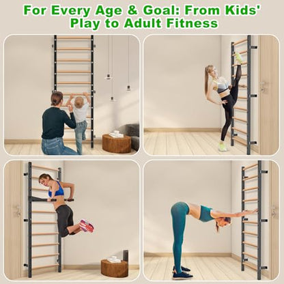 Kipika Gymnastic Wood Stall Bar - 2"x2" Swedish Ladder with 1" Hole, Wall Mounted Ladder Suspension Trainer, Solid Wood Grips Gymnastics Training Bar for Home, Wall Gym, School & Clinics
