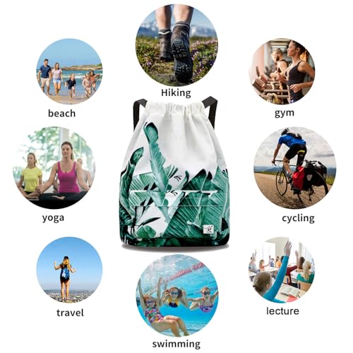 Waterproof Drawstring Bag, Gym Bag Sackpack Sports Beach Backpack for Men Women - color: 06-white Bnana Leaves