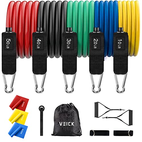 VEICK 10-150LBS Resistance Bands with Handles, Ankle Straps, Door Anchor | Accredited Lab Certified, 100% Natural Latex, Versatile for Yoga, Pilates, Strength, Home Gym - color: Colorful, style: 10-150LBS + 3 Exercise Bands