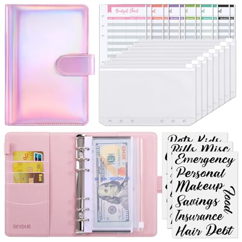 SKYDUE Budget Binder with Cash Envelopes, Purple, A6 Size, 6-Hole, 20-Page Capacity, 8 Dividers, Faux Leather - color: Laser Pink