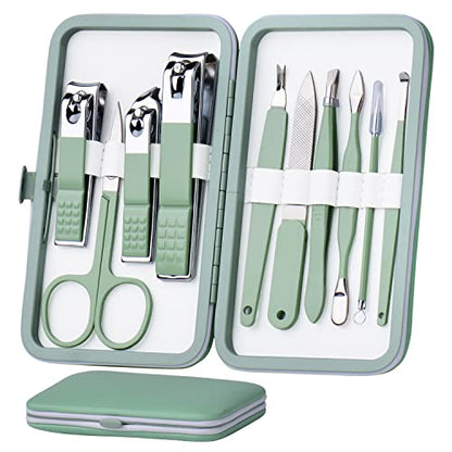 HANTEKAS Manicure Set 10 in 1 Stainless Steel, Nail Clippers Scissors Pedicure Tools Kit - Portable Travel Grooming Kit for Men and Women with Leather Case (Jade Green) - color: Jade Green