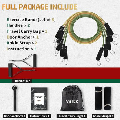 VEICK 10-150LBS Resistance Bands with Handles, Ankle Straps, Door Anchor | Accredited Lab Certified, 100% Natural Latex, Versatile for Yoga, Pilates, Strength, Home Gym - color: Army Green, style: 30-250LBS