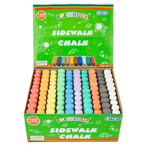 100PCS Washable Sidewalk Chalks Set in 10 Colors Non-Toxic Coloured Chalk Pavement for Kids Jumbo Chalk for Toddler Painting on Blackboard, Playground, Party