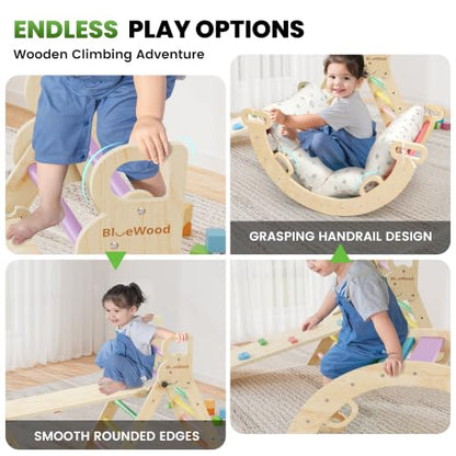 BlueWood Pikler Triangle Set with Cushion, Wooden Climbing Toys for Toddler | Foldable 8-in-1 Montessori Philosophy Toddler Climbing Toys Indoor with Reversible Ramp, Arch and Ladder - Sunshine Rainbow - color: Sunshine Rainbow