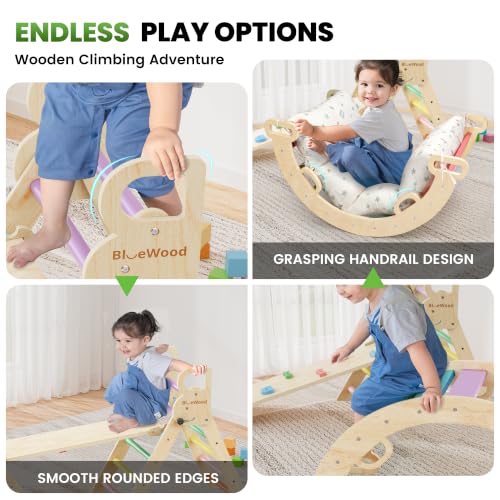 Pikler Triangle Set with Cushion, Wooden Climbing Toys for Toddler | Foldable 8-in-1 Montessori Philosophy Toddler Climbing Toys Indoor with Reversible Ramp, Arch and Ladder - Sunshine Rainbow - color: Sunshine Rainbow