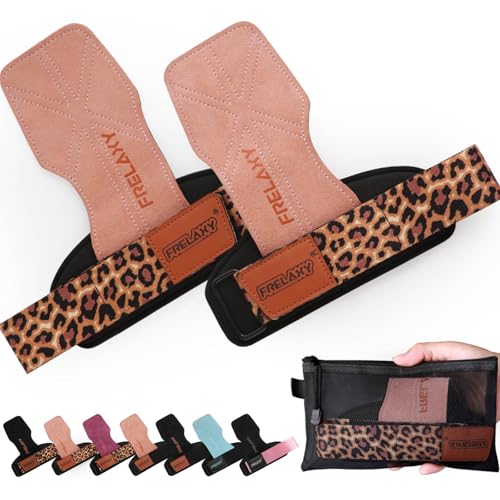 Frelaxy Lifting Wrist Straps for Women and Men, Weight Lifting Grips | Double-layer leather, Cushioned wrist support, Durable construction, Storage pouch, Deadlifts, rows, lat pulldowns - color: Pink/Leopard