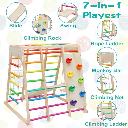 7 in 1 Pikler Indoor Playground Jungle Gym Playset, Wooden Montessori Climber with Slide, Rock Climb Wall, Monkey Bars, Rope Ladder, Climbing Rope and Swing for Kids（Rainbow）