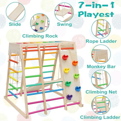 7 in 1 Pikler Indoor Playground Jungle Gym Playset, Wooden Montessori Climber with Slide, Rock Climb Wall, Monkey Bars, Rope Ladder, Climbing Rope and Swing for Kids（Rainbow）
