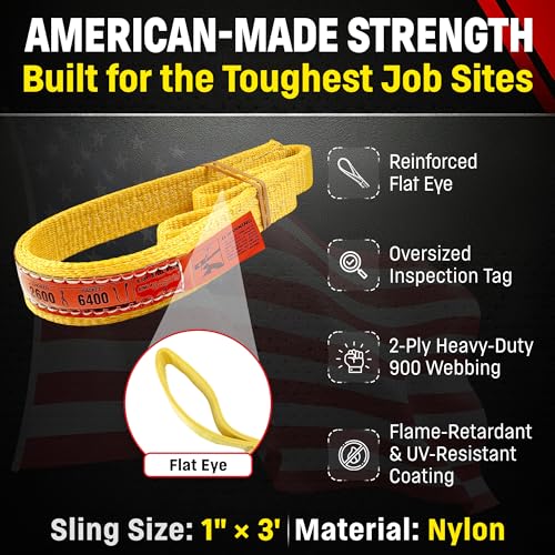 DD Sling 1 Inch x 3 Foot Nylon Lifting Strap – USA Made Rigging Sling | 3,200 Pound Vertical, 2,600 Pound Choker, 6,400 Pound Basket – 2-Ply Heavy Duty 900 Webbing, Type 3 Flat Eye & Eye - size: 1"x3'