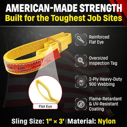 DD Sling 1 Inch x 3 Foot Nylon Lifting Strap – USA Made Rigging Sling | 3,200 Pound Vertical, 2,600 Pound Choker, 6,400 Pound Basket – 2-Ply Heavy Duty 900 Webbing, Type 3 Flat Eye & Eye - size: 1"x3'