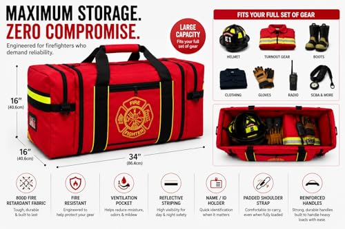 Firefighter Turnout Gear Bag – Heavy Duty Fire Resistant Equipment Duffel with Ventilation Pocket, Reflective Striping, Name Holder & Padded Shoulder Strap – Fireman Gear Bag (Red)