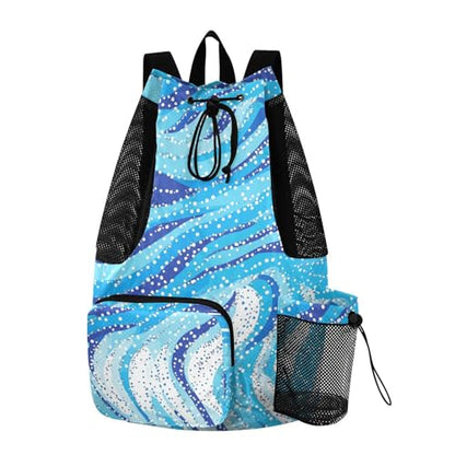 Drawstring Climbing Gym Bag With Water Bottle Holder Drawstring Gym Bags with Wet Dry Compartments Abstract Blue Water Wave Dots