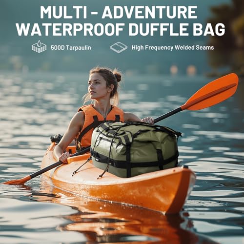 MIER Large Waterproof Duffel Bag - 60L/80L Dry Bag Backpack | Detachable Backpack Straps; Multi-Pockets; Roll-Top with Hook-and-Loop Closure; Motorcycle, Kayaking, Gym, Beach, Boating - color: Army Green, size: 60L