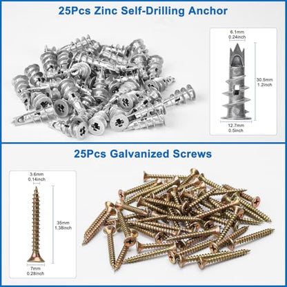 Zinc Self-Drilling Drywall Anchors with Screws Kit, 25 Heavy Duty Metal Wall Anchors and 25#8 x 1-1/4'' Screws - 50 Pieces All Together - size: 1size-25pcs