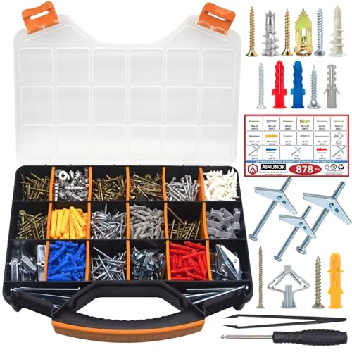 878-Piece Value Combo Set Plastic Drywall Anchor kit with Screws and Wing Nut Kit for Hanging Heavy Items on Drywall, 10 Sizes Total Plus Screw tweezer Tool Set - color: Gray/Copper/White/Red/Blue/Silver（10-Sizes）, size: 10-Sizes Value Drywall Anchors