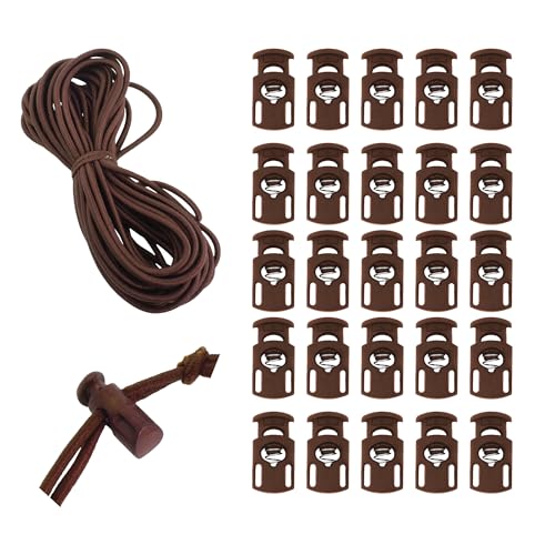 Mandala Crafts Brown Shock Cord & Cord Locks for Elastic Drawstrings | 10 YDs Bungee String, 25 Spring Toggle Clips, End Stopper Clamps, for Shoelaces, Paracord, Jackets, Hoodies, Backpacks - color: Brown
